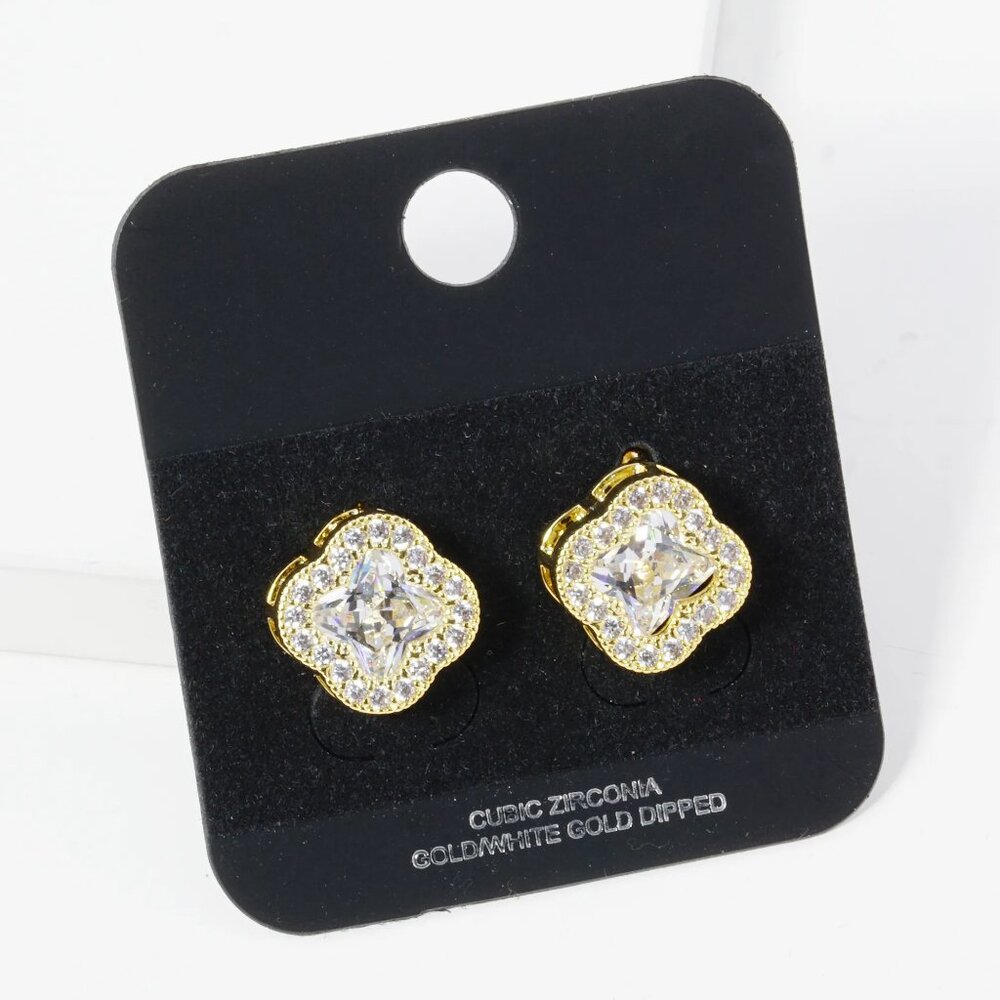 18K GOLD DIPPED PAVE SET CUBIC ZIRCONIA 13MM QUATREFOIL STUD EARRINGS - Picture 2 of 3